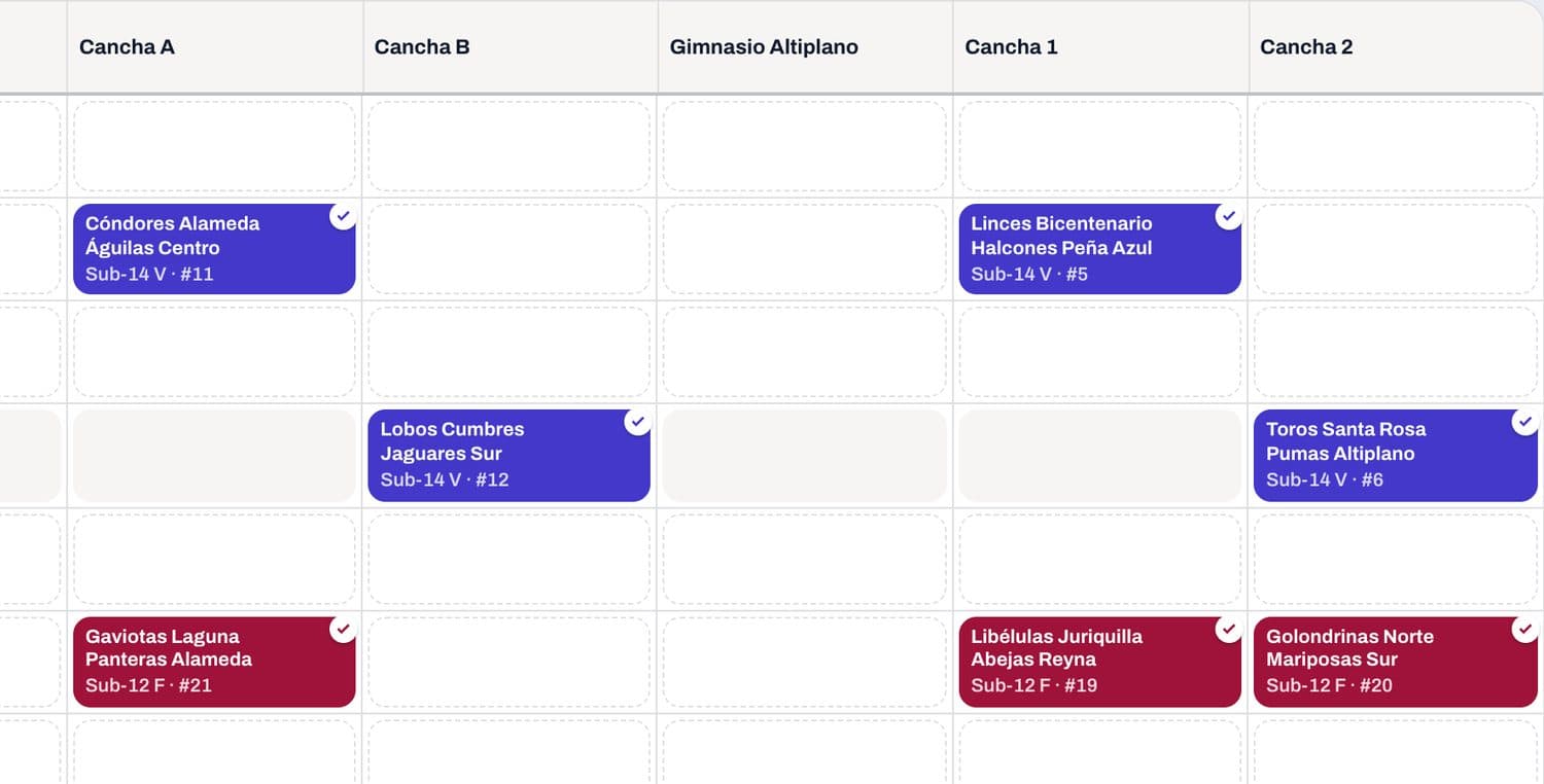 Calendario de un día de juego con partidos de dos categorías, cada una de su color